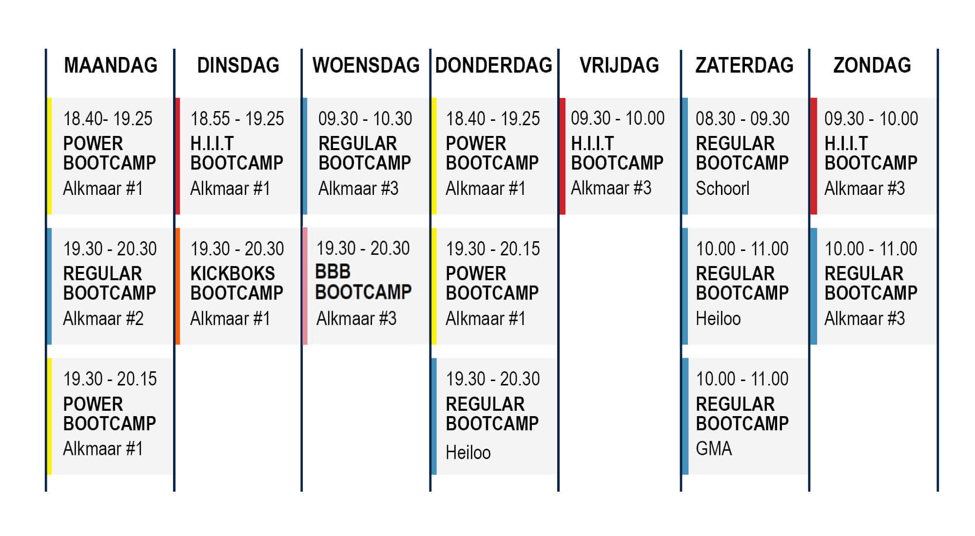 Lesrooster FitmetDylan Bootcamp Alkmaar, Heiloo, Schoorl en Geestmerambacht